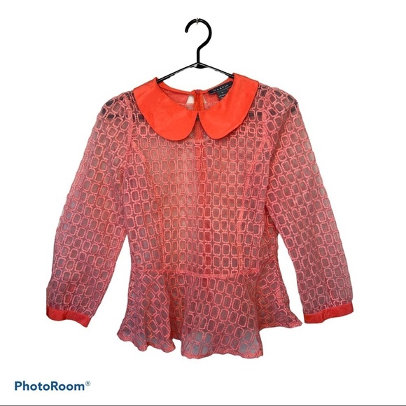 Gracia peach  sheer embroidered collar peplum blouse Sz M - Picture 8 of 13